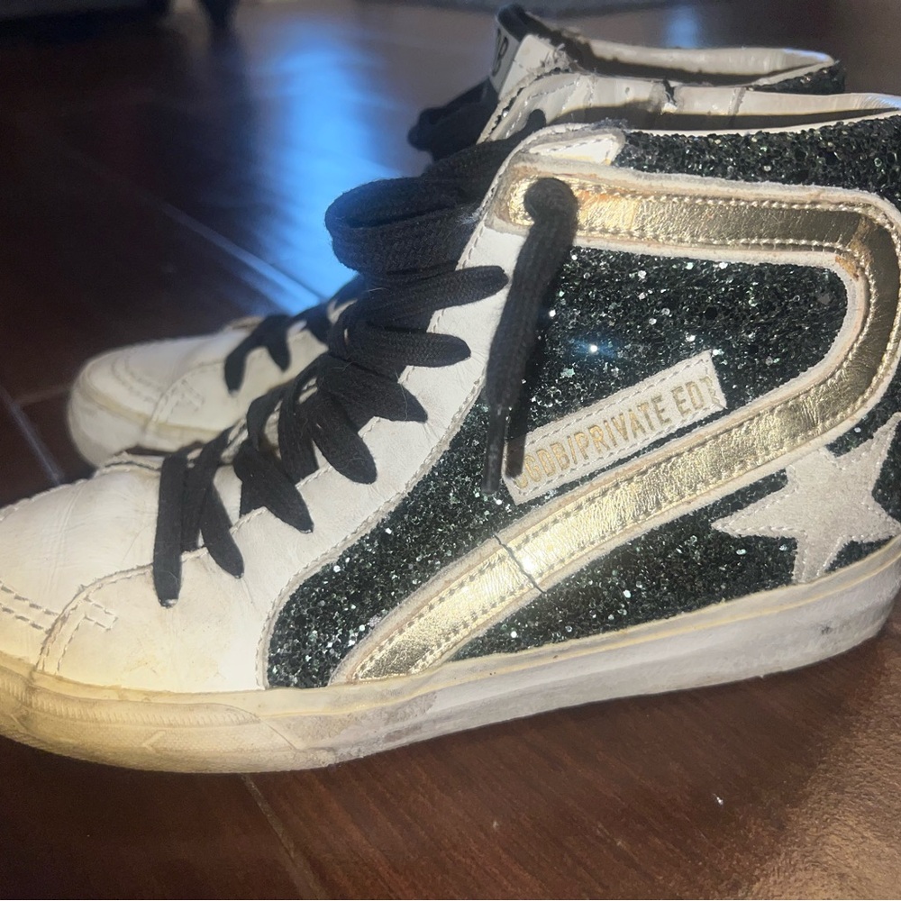Golden Goose Black Glitter and Gold Accent Sneakers